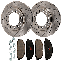 Front Brake Disc and Pad Kit, Cross-drilled and Slotted, 12 Lugs, Semi-Metallic, Front Disc Brakes