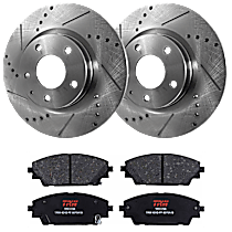 Front Brake Disc and Pad Kit, Cross-drilled and Slotted, 5 Lugs, Semi-Metallic, AWD, All Wheel Drive
