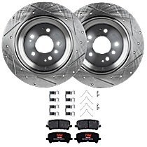 4-Piece Kit Rear Brake Disc and Pad Kit, Cross-drilled and Slotted, 5 Lugs, Semi-Metallic, RT, 3.5L 6Cyl,  Includes (2) Brake Disc and (1) Brake Pad Set