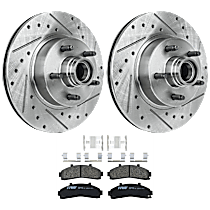 Front Brake Disc and Pad Kit, Cross-drilled and Slotted, 5 Lugs, Semi-Metallic, RWD, Rear Wheel Drive
