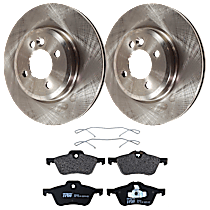 4-Piece Kit Front Brake Disc and Pad Kit, Plain Surface, 4 Lugs, Semi-metallic, For Models Without JCW Brakes, 1.6L 4Cyl,  Includes (2) Brake Disc and (1) Brake Pad Set