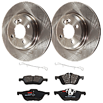 4-Piece Kit Front Brake Disc and Pad Kit, Plain Surface, 4 Lugs, Semi-metallic, For Models Without JCW Brakes, 1.6L 4Cyl,  Includes (2) Brake Disc and (1) Brake Pad Set