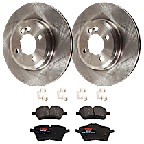 4-Piece Kit Front Brake Disc and Pad Kit, Plain Surface, 4 Lugs, Semi-metallic, John Cooper Works Brakes, 1.6L 4Cyl,  Includes (2) Brake Disc and (1) Brake Pad Set
