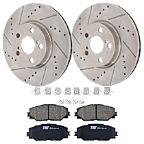 4-Piece Kit Front Brake Disc and Pad Kit, Cross-drilled and Slotted, 5 Lugs, Ceramic,  Includes (2) Brake Disc and (1) Brake Pad Set