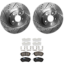 4-Piece Kit Front Brake Disc and Pad Kit, Cross-drilled and Slotted, 5 Lugs, Ceramic, 2.5L 4Cyl,  Includes (2) Brake Disc and (1) Brake Pad Set