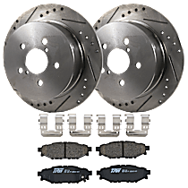 4-Piece Kit Rear Brake Disc and Pad Kit, Cross-drilled and Slotted, 5 Lugs, Ceramic, 2.5L 4Cyl,  Includes (2) Brake Disc and (1) Brake Pad Set