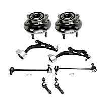 8-Piece Kit Front, Driver and Passenger Side, Lower Control Arm, AWD, includes (2) Control Arm, (2) Sway Bar Link, (2) Tie Rod End, and (2) Wheel Hub