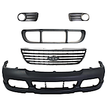 5-Piece Kit Primed Bumper Cover, Includes (1) Bumper Cover, (1) Bumper Grille, (2) Fog Light Trim, and (1) Grille Assembly