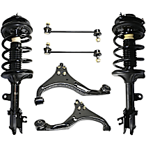 6-Piece Kit Front, Driver and Passenger Side Fully Loaded Strut, AWD,  For Models Without Steering Stopper,  Includes (2) Control Arm, (2) Loaded Strut, and (2) Sway Bar Link