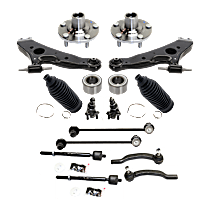 16-Piece Kit Front, Driver and Passenger Side, Lower Control Arm, Standard Design,  Includes (2) Ball Joint, (2) Control Arm, (2) Steering Rack Boot, (2) Sway Bar Link, (4) Tie Rod End, (2) Wheel Bearing, and (2) Wheel Hub