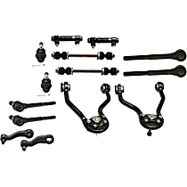 14-Piece Kit Front, Driver and Passenger Side, Upper Control Arm, 4WD, Under 7,500 lbs. GVW,  Includes (2) Ball Joint, (2) Control Arm, (1) Idler Arm, (1) Pitman Arm, (2) Sway Bar Link, (2) Tie Rod Adjusting Sleeve, and (4) Tie Rod End