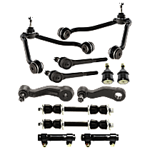 12-Piece Kit Front, Driver and Passenger Side, Upper Control Arm, RWD, includes (2) Ball Joint, (2) Control Arm, (1) Idler Arm, (1) Pitman Arm, (2) Sway Bar Link, (2) Tie Rod Adjusting Sleeve, and (2) Tie Rod End