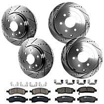Front and Rear Brake Disc and Pad Kit, Cross-drilled and Slotted, 6 Lugs, Ceramic - Front, Semi-Metallic - Rear