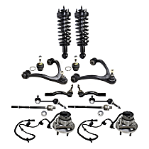 14-Piece Kit Front, Driver and Passenger Side, Upper Control Arm Kit, includes (2) Ball Joint, (2) Control Arm, (2) Loaded Strut, (2) Sway Bar Link, (4) Tie Rod End, and (2) Wheel Hub