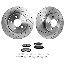 4-Piece Kit Front Brake Disc and Pad Kit, Cross-drilled and Slotted, 5 Lugs, Ceramic, RWD,  320mm  Disc, Solid Rear Disc, 3.6L 6Cyl, Pro-Line Series  Includes (2) Brake Disc and (1) Brake Pad Set