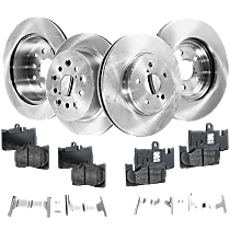 Front and Rear Brake Disc and Pad Kit, Plain Surface, 5 Lugs, Ceramic - Front; Organic - Rear, Cast Iron