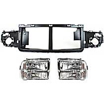 3-Piece Kit Driver and Passenger Side Halogen Headlight, With bulb(s), OE Replacement,  Includes (1) Header Panel and (2) Headlight