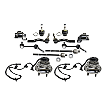 Front, Driver and Passenger Side Suspension Kit, includes Ball Joint, Control Arm Bushing, Sway Bar Link, Tie Rod End, and Wheel Hub