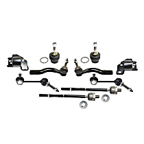 Front, Driver and Passenger Side Suspension Kit, includes Ball Joint, Control Arm Bushing, Sway Bar Link, and Tie Rod End