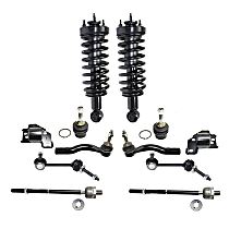 Front, Driver and Passenger Side Suspension Kit, includes Ball Joint, Control Arm Bushing, Loaded Strut, Sway Bar Link, and Tie Rod End