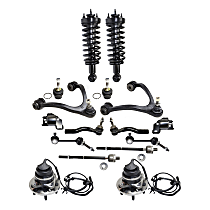 16-Piece Kit Front, Driver and Passenger Side, Upper and Lower Control Arm Kit, includes (2) Ball Joint, (2) Control Arm, (2) Control Arm Bushing, (2) Loaded Strut, (2) Sway Bar Link, (4) Tie Rod End, and (2) Wheel Hub