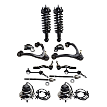 14-Piece Kit Front, Driver and Passenger Side, Upper and Lower Control Arm Kit, includes (2) Control Arm, (2) Control Arm Bushing, (2) Loaded Strut, (2) Sway Bar Link, (4) Tie Rod End, and (2) Wheel Hub