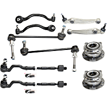 Front, Driver and Passenger Side, Lower, Frontward and Rearward Control Arm Kit, All Wheel Drive, with Active Sway Bar, includes Sway Bar Links, Tie Rod Assembly, and Wheel Hubs