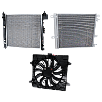 3-Piece Kit A/C Condenser, 6 Cyl 3.6L, includes (1) A/C Condenser, (1) Cooling Fan Assembly, and (1) Radiator