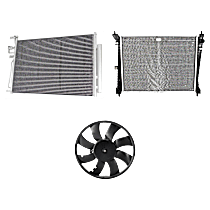 3-Piece Kit A/C Condenser, 2.4L 4Cyl,  Includes (1) A/C Condenser, (1) Cooling Fan Assembly, and (1) Radiator