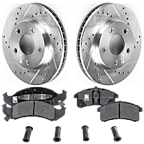 4-Piece Kit Front Brake Disc and Pad Kit, Cross-drilled and Slotted, 5 Lugs, Cast Iron, Semi-Metallic Pad Material, Pro-Line Series , includes (2) Brake Disc and (1) Brake Pad Set