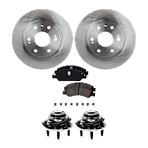 5-Piece Kit Front, Driver and Passenger Side Wheel Hub, 6 Lugs, With Bearing, With Sensor, RWD, includes (2) Brake Disc, (1) Brake Pad Set, and (2) Wheel Hub
