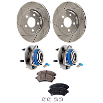 6-Piece Kit Front Brake Disc and Pad Kit, Cross-drilled and Slotted 5 Lugs FWD, includes (2) Brake Disc, (1) Brake Pad Set, and (2) Wheel Hub