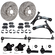 14-Piece Kit Front, Driver and Passenger Side, Lower Control Arms, Includes (2) Ball Joint, (2) Brake Disc, (2) Brake Pad Set, (2) Control Arm, (2) Sway Bar Link, and (2) Tie Rod End