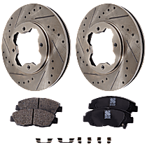 4-Piece Kit Front Brake Disc and Pad Kit, Cross-drilled and Slotted, 4 Lugs, Sedan, 10th Anniversary, 2.2L 4Cyl,  Includes (2) Brake Disc and (1) Brake Pad Set