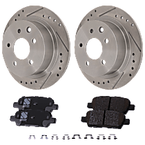 4-Piece Kit Rear Brake Disc and Pad Kit, Cross-drilled and Slotted, 5 Lugs, engdesig: QR25DE, Naturally Aspirated, GAS, Nissan Engine, 2.5L 4Cyl,  Includes (2) Brake Disc and (1) Brake Pad Set