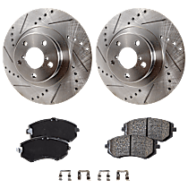 4-Piece Kit Front Brake Disc and Pad Kit, Cross-drilled and Slotted 5 Lugs, includes (2) Brake Disc and (1) Brake Pad Set