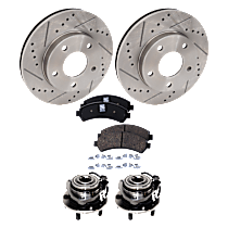 6-Piece Kit Wheel Hub, 5 Lugs, With Bearing, With Sensor, includes (2) Brake Disc, (1) Brake Pad Set, and (2) Wheel Hub