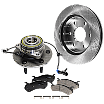 4-Piece Kit Wheel Hub, 6 Lugs, With Bearing, With Sensor, RWD, includes (1) Brake Disc, (1) Brake Pad Set, and (1) Wheel Hub