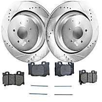 Rear Brake Disc and Pad Kit, Cross-drilled and Slotted, 5 Lugs, 355.09 mm, Organic, Pro-Line Series