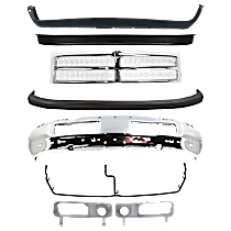 8-Piece Kit, Front Bumper, Chrome, Includes (1) Bumper, (2) Bumper Cover, (2) Fog Light Trim, (1) Grille Assembly, (1) Grille Bracket, and (1) Valance