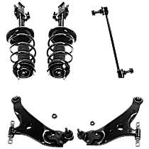 6-Piece Kit Front, Driver and Passenger Side Fully Loaded Strut, FWD, includes (2) Control Arm, (2) Shock Absorber and Strut Assembly, and (2) Sway Bar Link