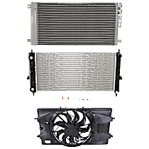 3-Piece Kit A/C Condenser, 4 Cyl 2.2L, includes (1) A/C Condenser, (1) Cooling Fan Assembly, and (1) Radiator