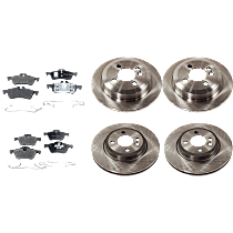 Front and Rear Brake Disc and Pad Kit, Plain Surface, 4 Lugs, 10.87 in. - Front; 10.19 in. - Rear, Semi-Metallic, Convertible, Except John Cooper Works Brakes, 276mm Front Disc, Pro-Line Series