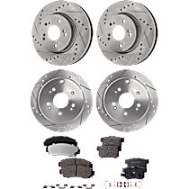 8-Piece Kit Front and Rear Brake Disc and Pad Kit, Cross-drilled and Slotted, 5 Lugs, Ceramic, AWD, Pro-Line Series  Includes (4) Brake Disc and (2) Brake Pad Set