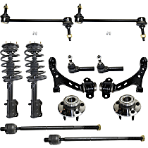 Front, Driver and Passenger Side, Lower Control Arm Kit, Rear Wheel Drive, Non-ABS, includes Shock Absorber and Strut Assembly, Sway Bar Links, Tie Rod Ends, and Wheel Hubs