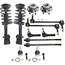 Front, Driver and Passenger Side Suspension Kit, includes Ball Joint, Loaded Strut, Sway Bar Link, Tie Rod End, and Wheel Hub