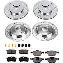 8-Piece Kit Front and Rear Brake Disc and Pad Kit, Cross-drilled and Slotted, 4 Lugs - Front; 4 Lugs - Rear, Front - 299.97 mm and Rear - 279.91 mm, Front-Organic/Rear-Semi-Metallic, 2.0L 4Cyl, Evolution Drilled & Slotted Series