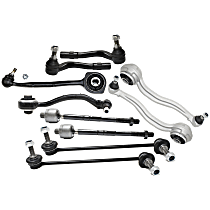 Front, Driver and Passenger Side, Lower, Frontward and Rearward Control Arm Kit, 12 mm. Stud, Rear Wheel Drive, includes Sway Bar Links and Tie Rod Ends