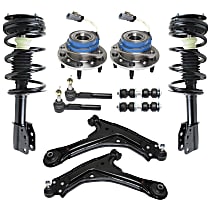 Front, Driver and Passenger Side, Lower Control Arm Kit, Front Wheel Drive, Heavy Duty Design, includes Shock Absorber and Strut Assembly, Sway Bar Links, Tie Rod Ends, and Wheel Hubs