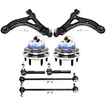 8-Piece Kit Front, Driver and Passenger Side, Lower Control Arm Kit, Front Wheel Drive,  Includes (2) Control Arm, (2) Sway Bar Link, (2) Tie Rod End, and (2) Wheel Hub